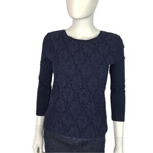 Talbots Navy Blue Tee Shirt Lace Overlay  3/4 Sleeves Size MP